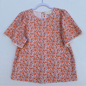 Melloday Floral Round Neck Short Sleeve Blouse Women’s Size M orange / pink